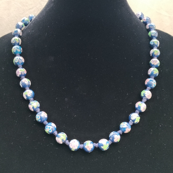Vintage Chinese Export Cloisonné Champlevé Blue Enamel Pink Flower Bead Necklace - Picture 3 of 4